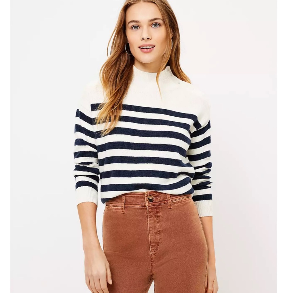 LOFT Cream and Navy Striped Mock Neck Sweater
